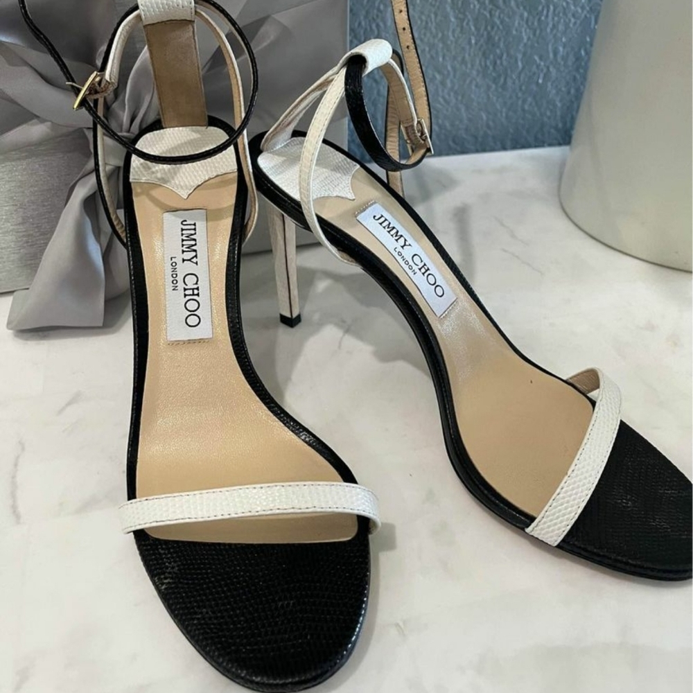 Jimmy choo Minny Lizard print black and white leather sandals heels Size 39(9) - Picture 5 of 10
